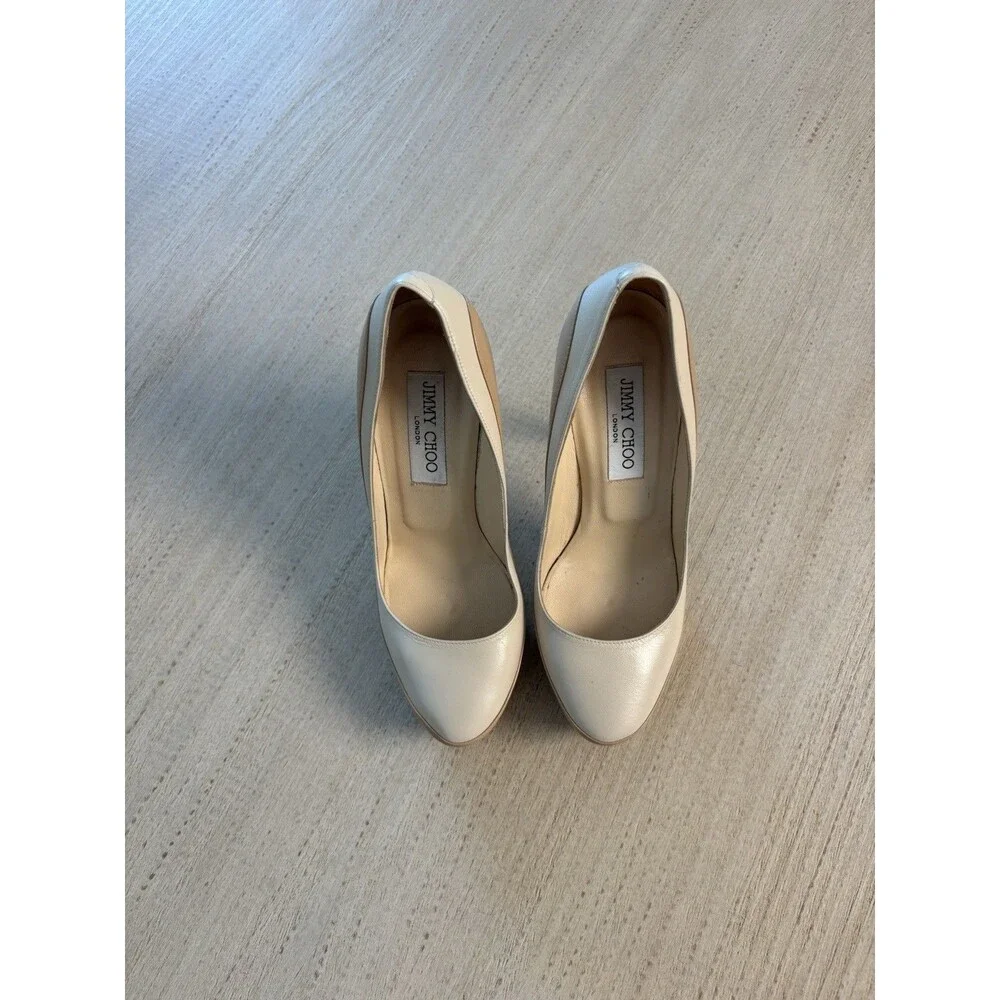 Jimmy Choo Beige Solid Platform Slip On Round Toe Stiletto Pumps